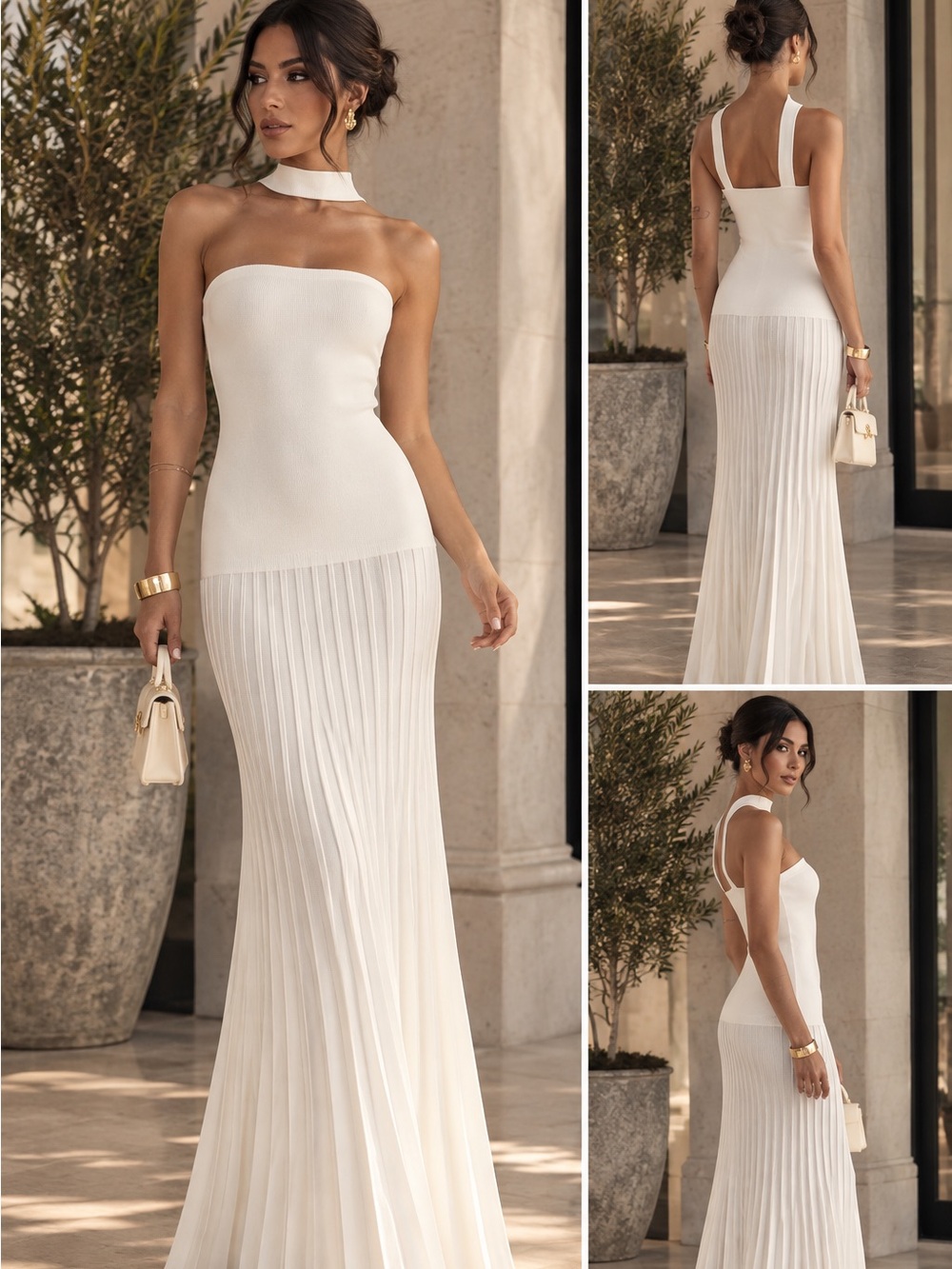 COMMENSE Halterneck Pleated Maxi Dress – White